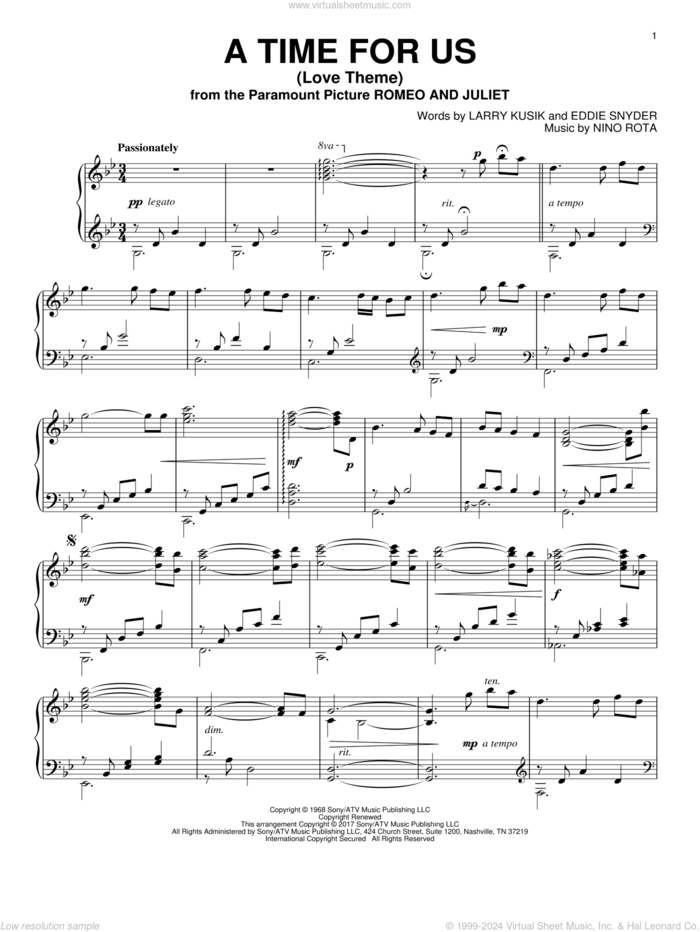 A Time For Us (Love Theme), (intermediate) sheet music for piano solo by Nino Rota, Eddie Snyder and Larry Kusik, intermediate skill level