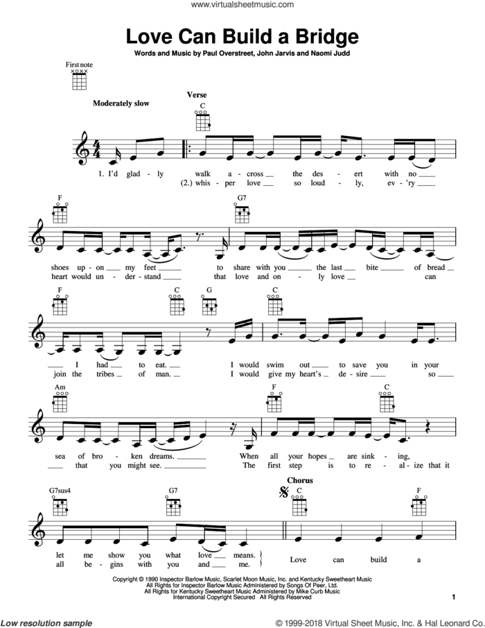 Love Can Build A Bridge sheet music for ukulele by The Judds, John Jarvis, Naomi Judd and Paul Overstreet, intermediate skill level