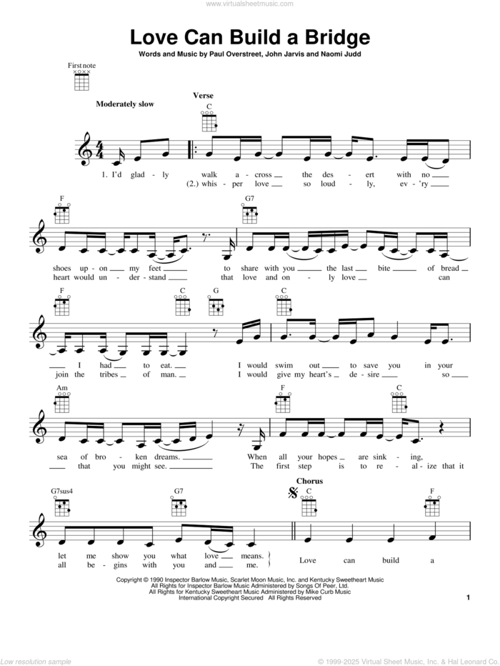 Love Can Build A Bridge sheet music for ukulele by The Judds, John Jarvis, Naomi Judd and Paul Overstreet, intermediate skill level