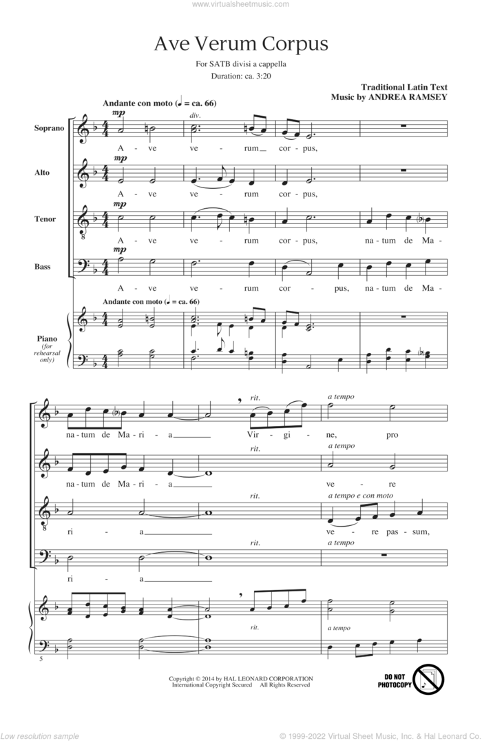 Ave Verum Corpus sheet music for choir (SATB: soprano, alto, tenor, bass) by Andrea Ramsey, intermediate skill level