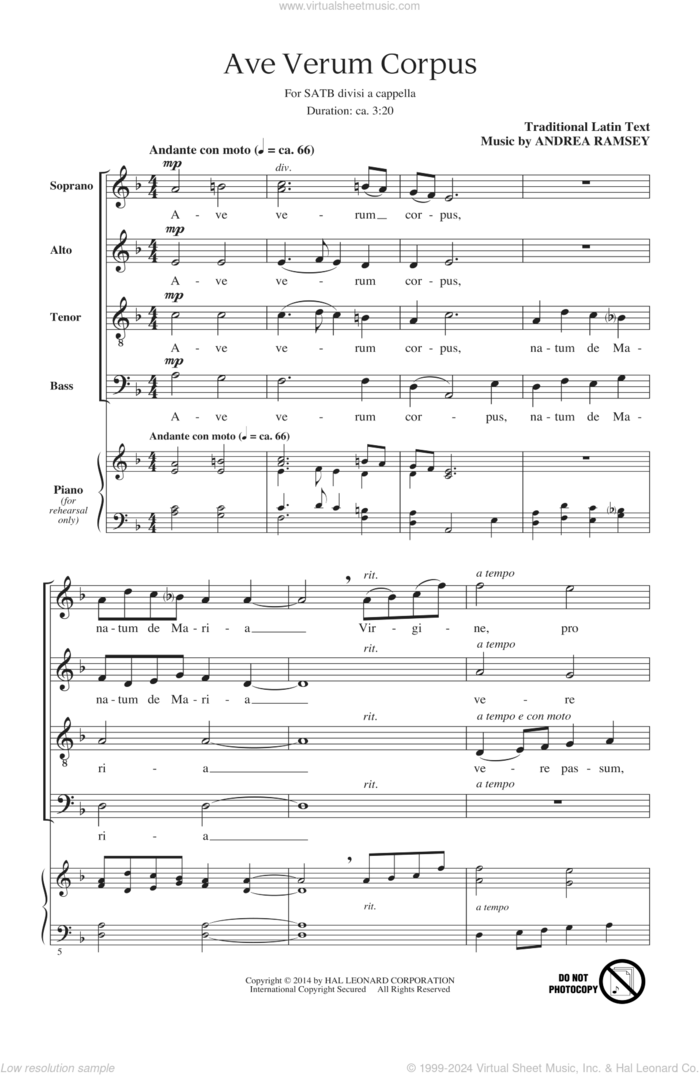 Ave Verum Corpus sheet music for choir (SATB: soprano, alto, tenor, bass) by Andrea Ramsey, intermediate skill level