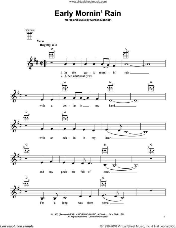Early Mornin' Rain sheet music for ukulele by Gordon Lightfoot, Elvis Presley and Peter, Paul & Mary, intermediate skill level