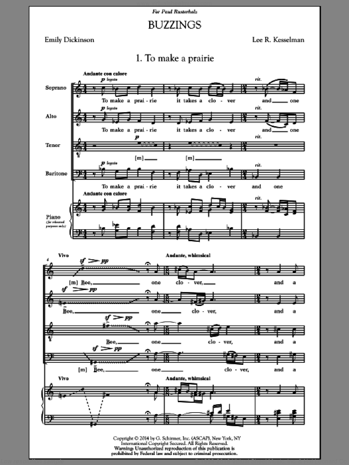 Buzzings sheet music for choir (SATB: soprano, alto, tenor, bass) by Lee R. Kesselman and Dale Warland, intermediate skill level