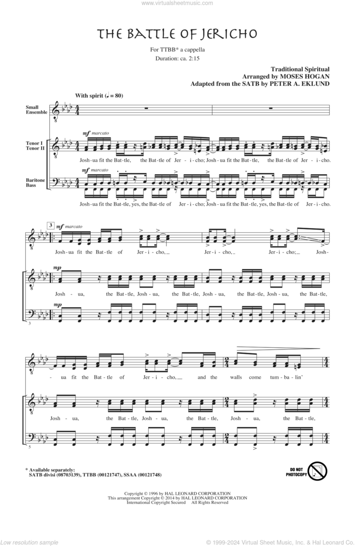 Joshua (Fit The Battle Of Jericho) sheet music for choir (TTBB: tenor, bass) by Moses Hogan and Peter Eklund, intermediate skill level