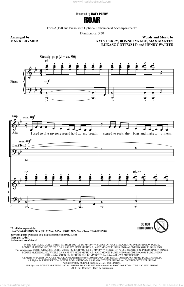 Roar sheet music for choir (SATB: soprano, alto, tenor, bass) by Max Martin, Mark Brymer, Bonnie McKee, Henry Walter, Katy Perry and Lukasz Gottwald, intermediate skill level