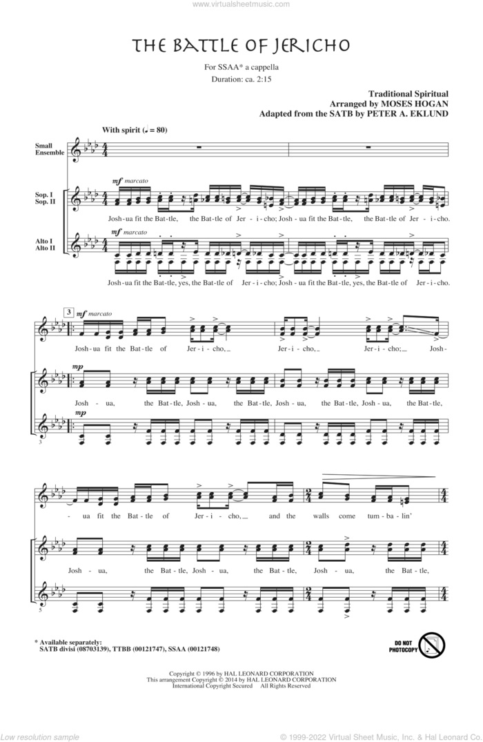 Joshua (Fit The Battle Of Jericho) sheet music for choir (SSA: soprano, alto) by Moses Hogan and Peter Eklund, intermediate skill level