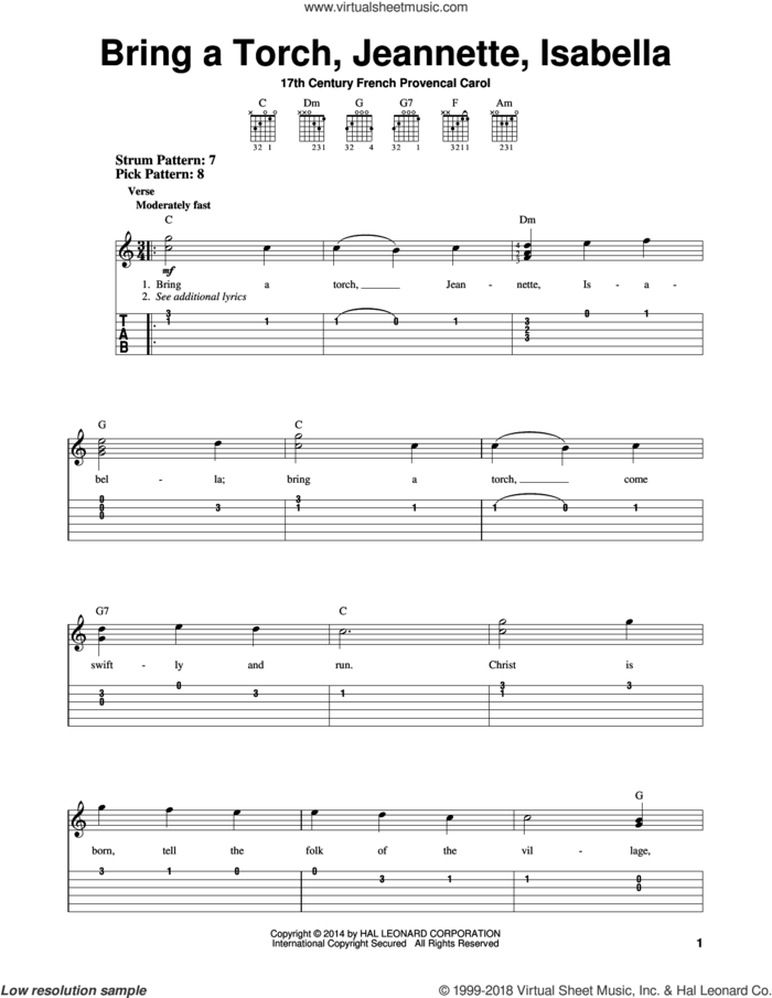 Bring A Torch, Jeannette, Isabella sheet music for guitar solo (easy tablature) by Anonymous and Miscellaneous, easy guitar (easy tablature)