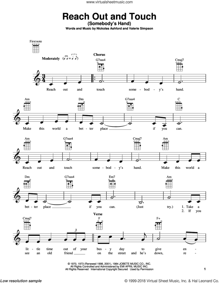 Reach Out And Touch (Somebody's Hand) sheet music for ukulele by Nickolas Ashford, Diana Ross and Valerie Simpson, intermediate skill level