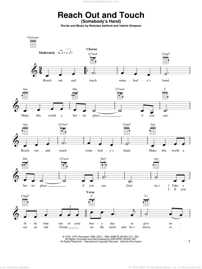 Reach Out And Touch (Somebody's Hand) sheet music for ukulele by Nickolas Ashford, Diana Ross and Valerie Simpson, intermediate skill level