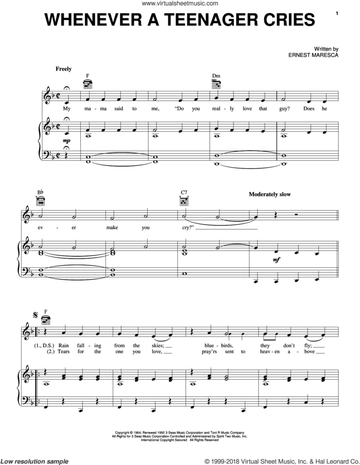 Whenever A Teenager Cries sheet music for voice, piano or guitar by Reparata & The Delrons and Ernie Maresca, intermediate skill level