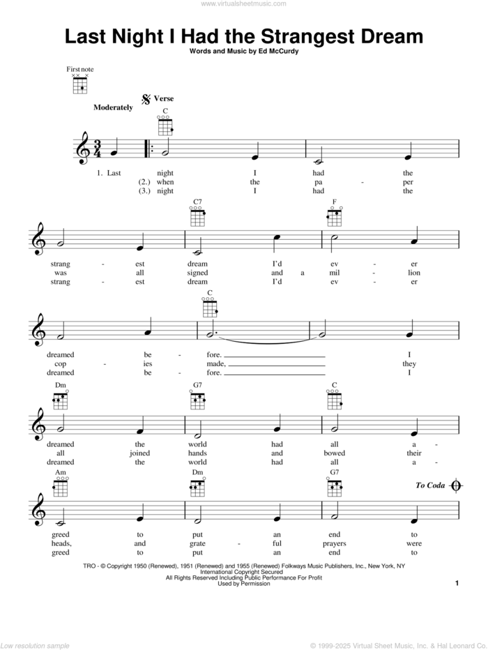 Last Night I Had The Strangest Dream (from The Daily Ukulele) sheet music for ukulele by Ed McCurdy and Simon & Garfunkel, intermediate skill level