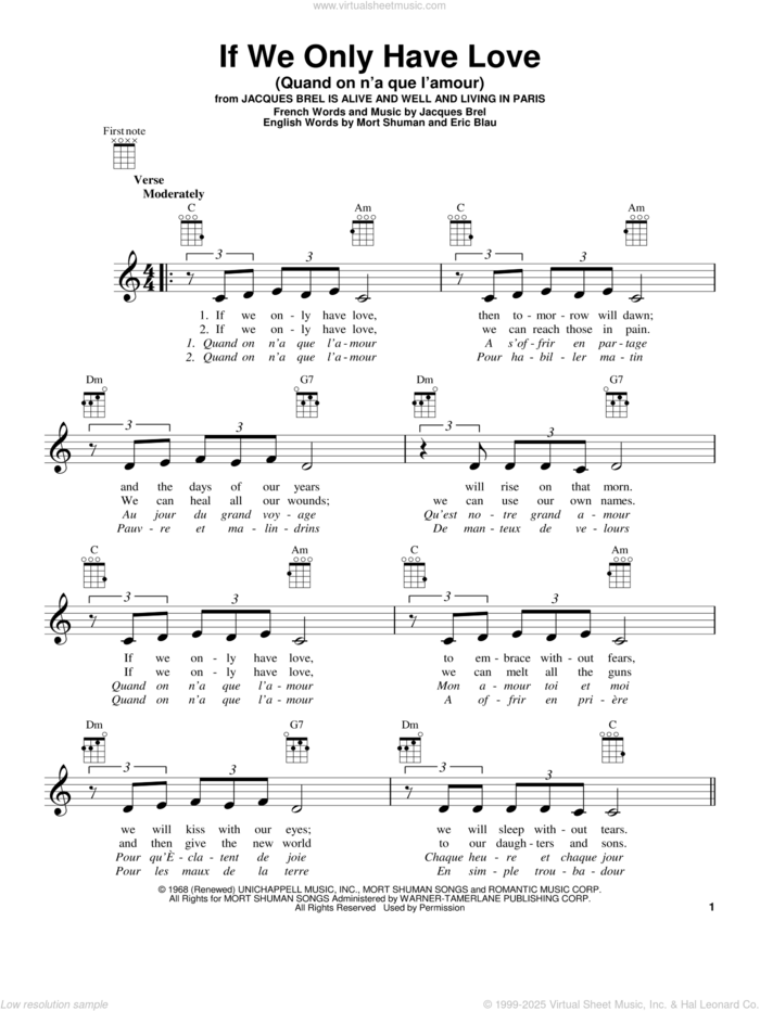 If We Only Have Love (Quand On N'a Que L'amour) sheet music for ukulele by Jacques Brel, Eric Blau and Mort Shuman, intermediate skill level