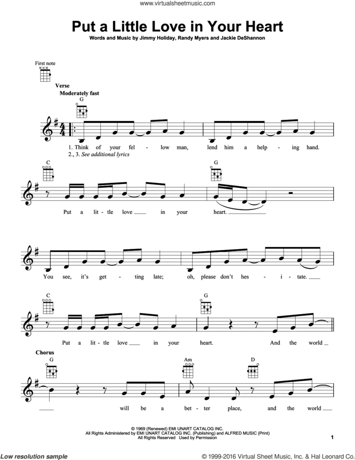 Put A Little Love In Your Heart sheet music for ukulele by Jackie DeShannon, Jimmy Holiday and Randy Myers, intermediate skill level