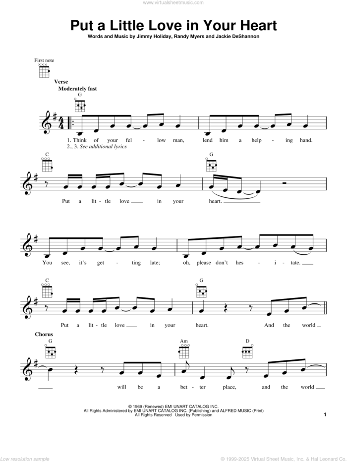 Put A Little Love In Your Heart (from The Daily Ukulele) sheet music for ukulele by Jackie DeShannon, Jimmy Holiday and Randy Myers, intermediate skill level