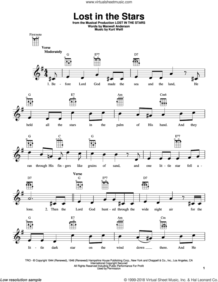 Lost In The Stars sheet music for ukulele by Kurt Weill and Maxwell Anderson, intermediate skill level