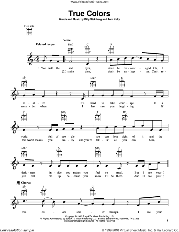 True Colors sheet music for ukulele by Billy Steinberg, Cyndi Lauper, Phil Collins and Tom Kelly, intermediate skill level