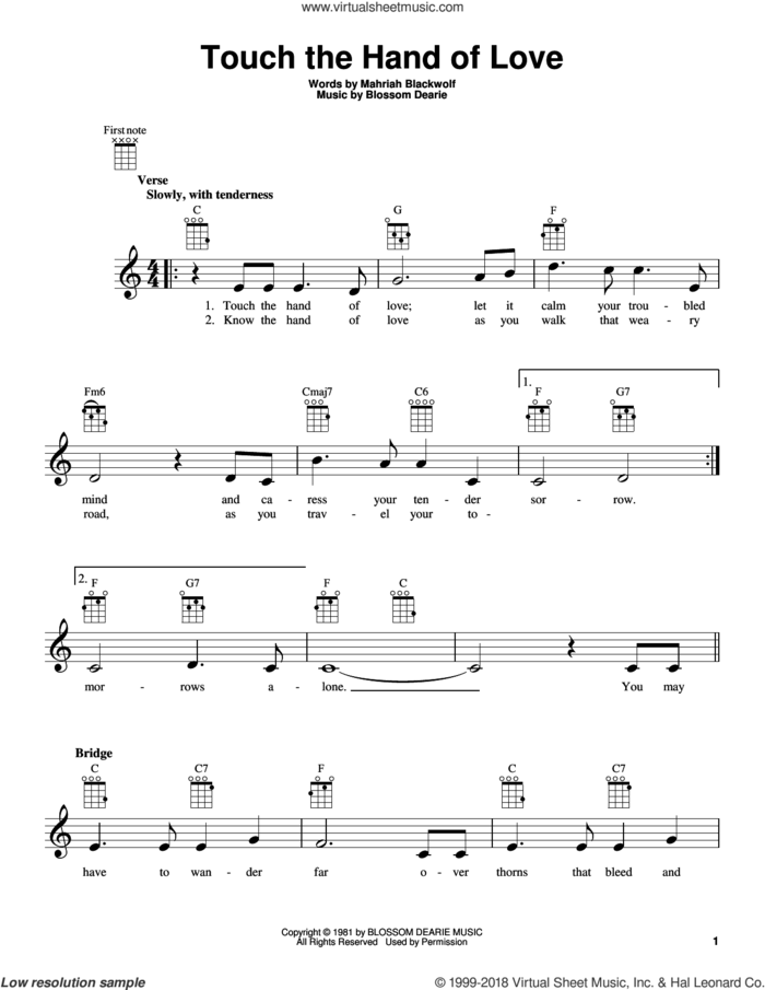 Touch The Hand Of Love sheet music for ukulele by Blossom Dearie and Mahriah Blackwolf, intermediate skill level