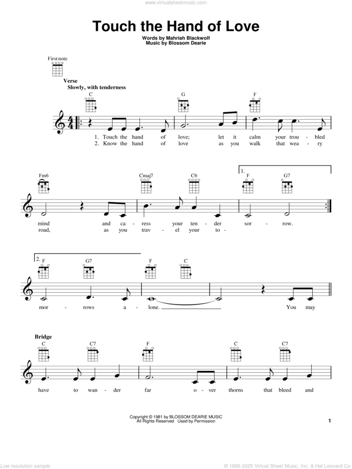 Touch The Hand Of Love sheet music for ukulele by Blossom Dearie and Mahriah Blackwolf, intermediate skill level