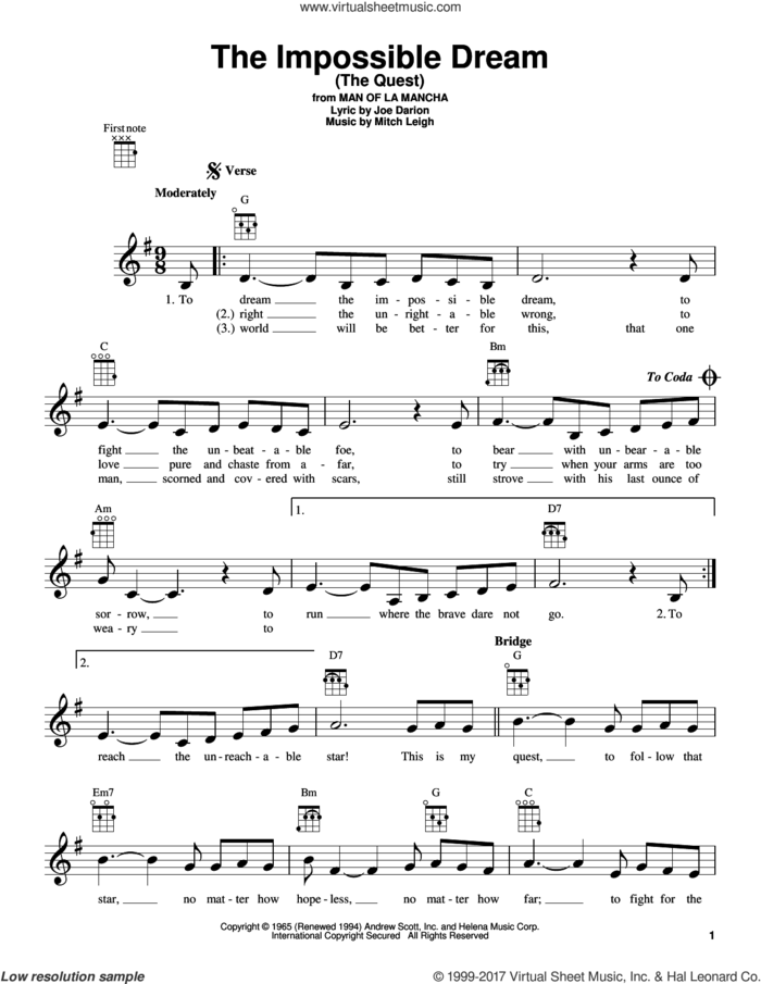 The Impossible Dream (The Quest) sheet music for ukulele by Mitch Leigh and Joe Darion, intermediate skill level