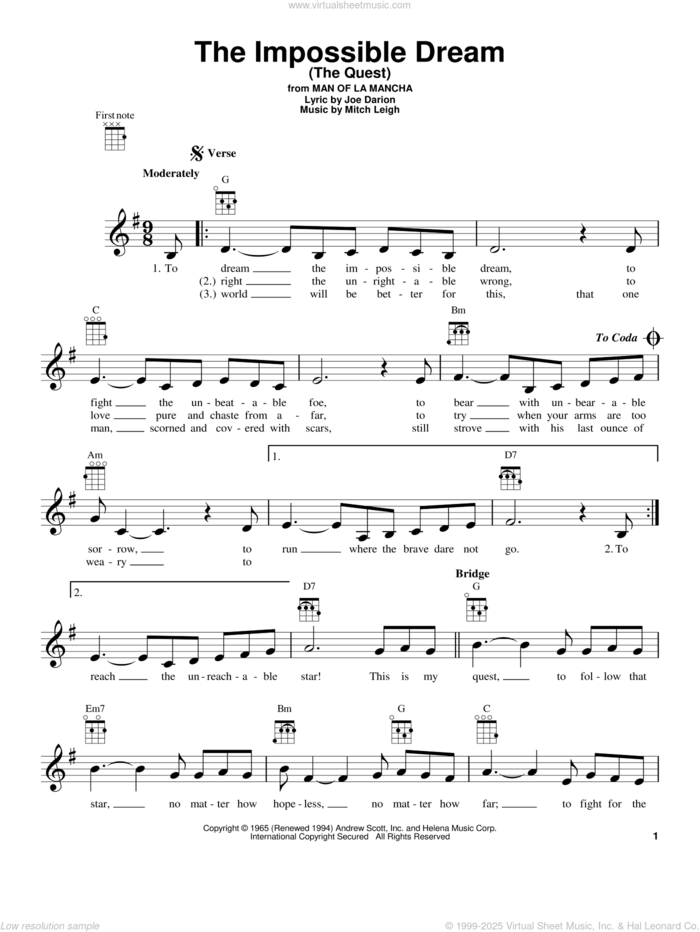 The Impossible Dream (The Quest) sheet music for ukulele by Mitch Leigh and Joe Darion, intermediate skill level