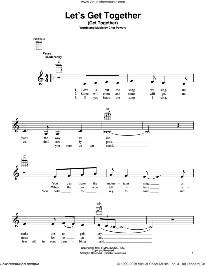 Let's Get Together (Get Together) sheet music for ukulele by Chet Powers, Big Mountain, Indigo Girls and The Youngbloods, intermediate skill level