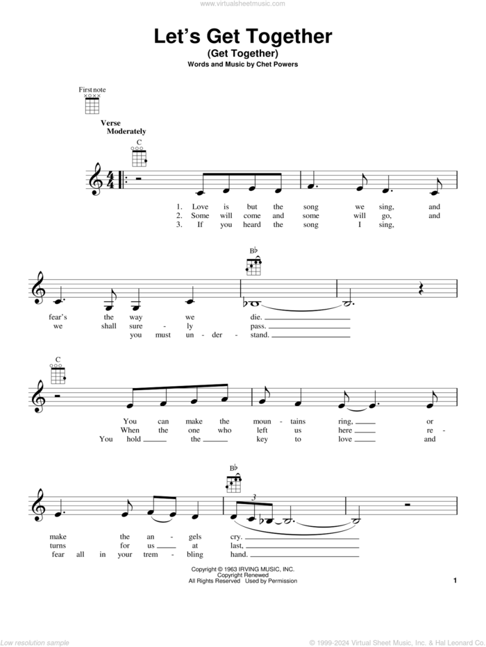 Let's Get Together (Get Together) sheet music for ukulele by Chet Powers, Big Mountain, Indigo Girls and The Youngbloods, intermediate skill level