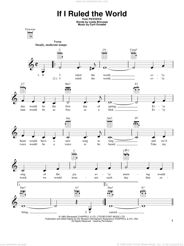 If I Ruled The World sheet music for ukulele by Leslie Bricusse and Cyril Ornadel, intermediate skill level