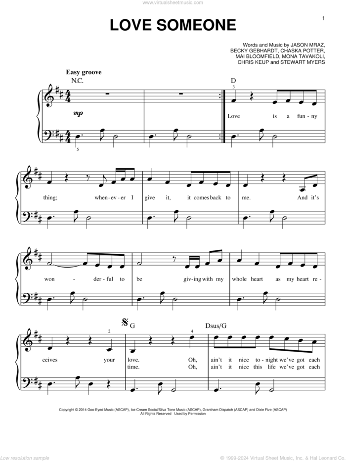 Love Someone sheet music for piano solo by Jason Mraz, Becky Gebhardt, Chaska Potter, Chris Keup, Mai Bloomfield, Mona Tavakoli and Stewart Myers, easy skill level