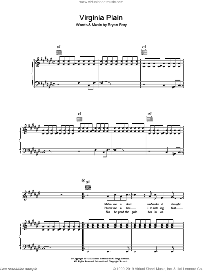 Virginia Plain sheet music for voice, piano or guitar by Roxy Music and Bryan Ferry, intermediate skill level