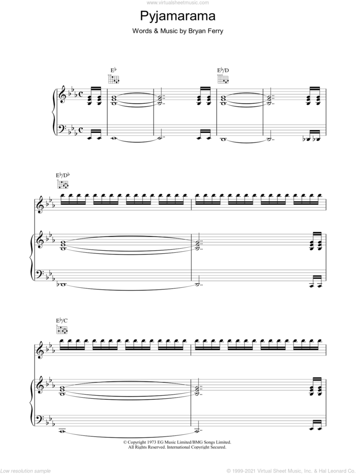 Pyjamarama sheet music for voice, piano or guitar by Roxy Music and Bryan Ferry, intermediate skill level