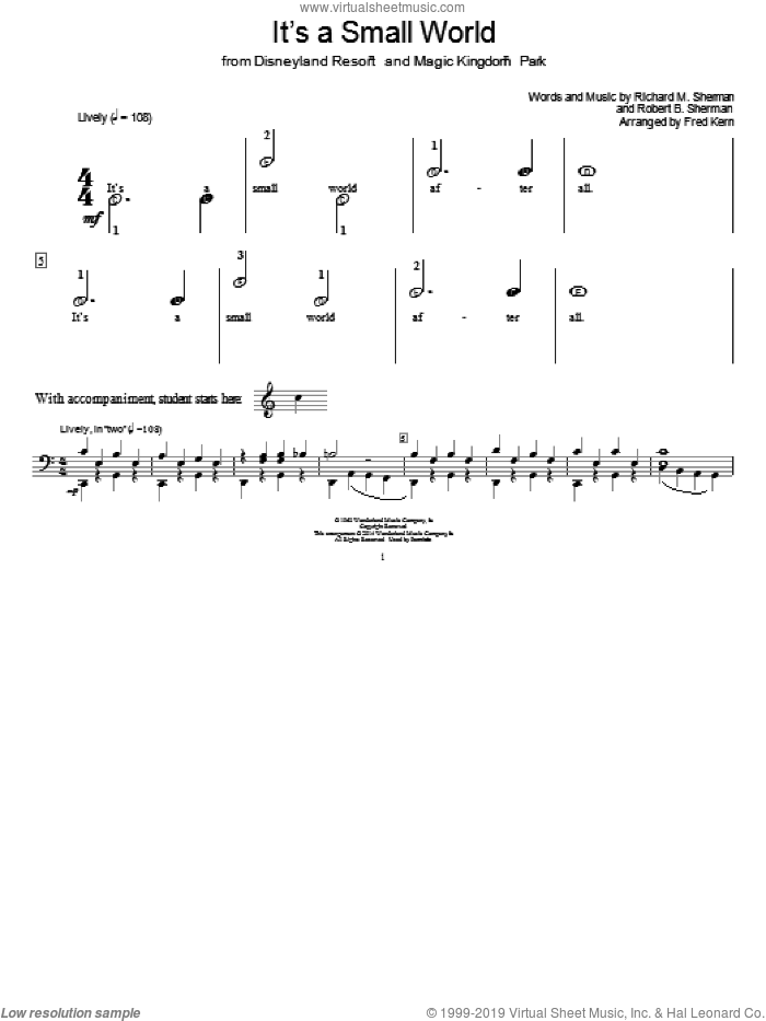 It's A Small World (arr. Fred Kern) sheet music for piano solo (elementary) by Sherman Brothers, Fred Kern, Richard M. Sherman and Robert B. Sherman, beginner piano (elementary)