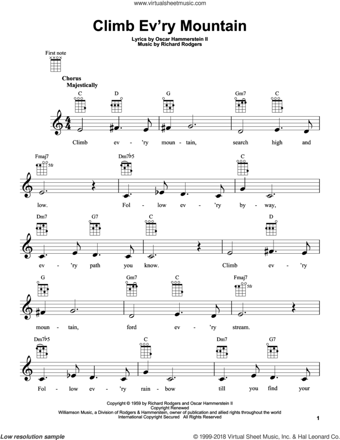 Climb Ev'ry Mountain (from The Sound of Music) sheet music for ukulele by Rodgers & Hammerstein, Margery McKay, Patricia Neway, Tony Bennett, Oscar II Hammerstein and Richard Rodgers, intermediate skill level