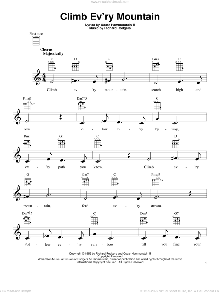 Climb Ev'ry Mountain (from The Sound of Music) sheet music for ukulele by Rodgers & Hammerstein, Margery McKay, Patricia Neway, Tony Bennett, Oscar II Hammerstein and Richard Rodgers, intermediate skill level