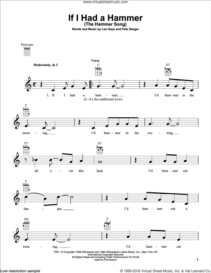 If I Had A Hammer (The Hammer Song) sheet music for ukulele by Peter, Paul & Mary, Trini Lopez, Lee Hays and Pete Seeger, intermediate skill level