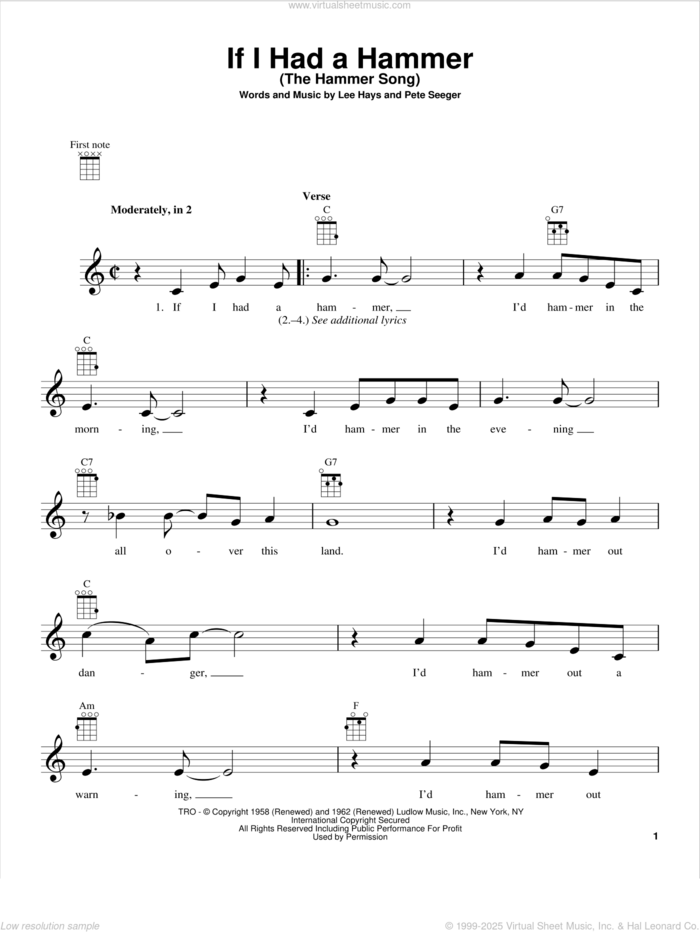 If I Had A Hammer (The Hammer Song) sheet music for ukulele by Peter, Paul & Mary, Trini Lopez, Lee Hays and Pete Seeger, intermediate skill level