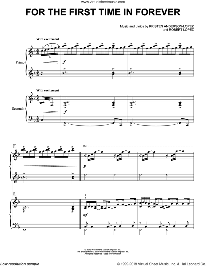 For The First Time In Forever (from Frozen) sheet music for piano four hands by Robert Lopez, Kristen Bell, Idina Menzel and Kristen Anderson-Lopez, intermediate skill level