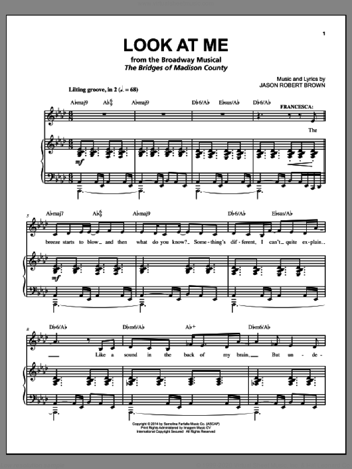 Look At Me (from The Bridges of Madison County) sheet music for voice and piano by Jason Robert Brown, intermediate skill level