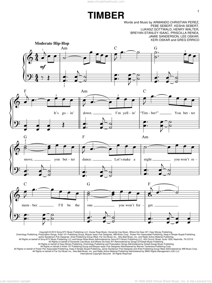 Timber sheet music for piano solo by Kesha, Armando Christian Perez, Breyan Stanley, Greg Errico, Henry Walter, Jamie Sanderson, Kesha Sebert, Lukasz Gottwald, Pebe Sebert and Priscilla Renea, easy skill level