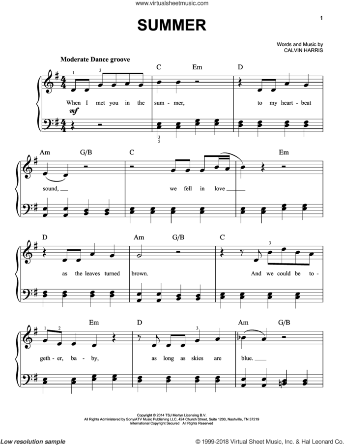 Summer sheet music for piano solo by Calvin Harris, easy skill level