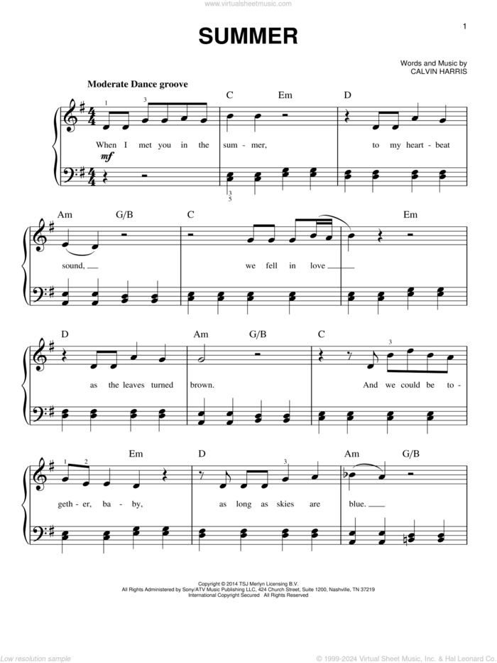 Summer sheet music for piano solo by Calvin Harris, easy skill level