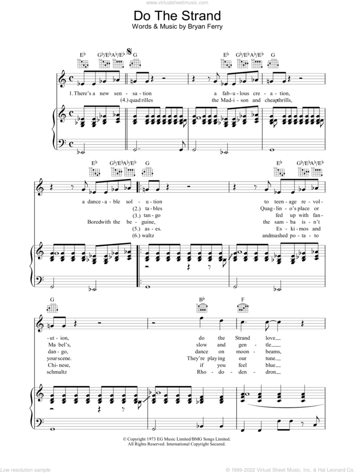 Do The Strand sheet music for voice, piano or guitar by Roxy Music and Bryan Ferry, intermediate skill level