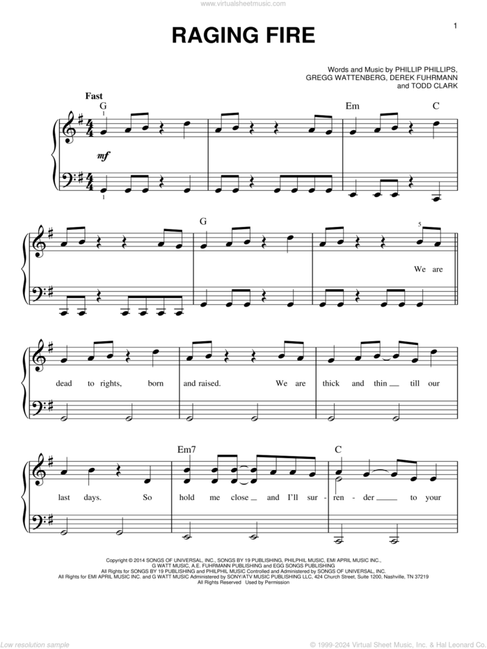 Raging Fire sheet music for piano solo by Phillip Phillips, Derek Fuhrmann, Gregg Wattenberg and Todd Clark, easy skill level