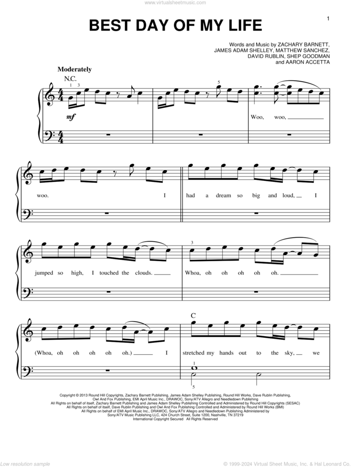 Best Day Of My Life, (easy) sheet music for piano solo by American Authors, Aaron Accetta, David Rublin, James Adam Shelley, Matthew Sanchez, Shep Goodman and Zachary Barnett, easy skill level