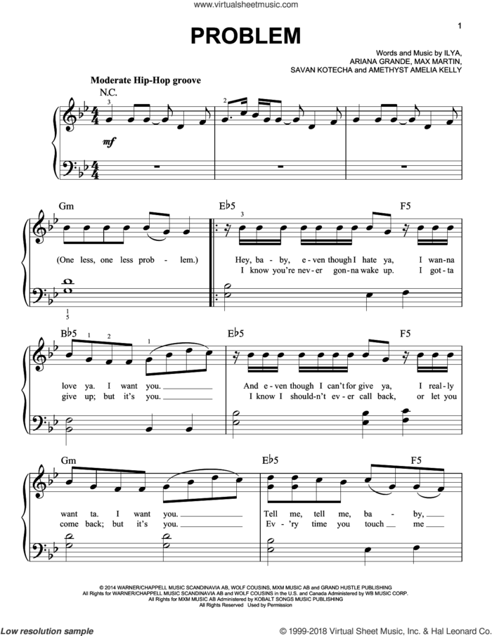 Problem sheet music for piano solo by Ariana Grande Featuring Iggy Azalea, Amethyst Amelia Kelly, Ariana Grande, Ilya, Max Martin and Savan Kotecha, easy skill level