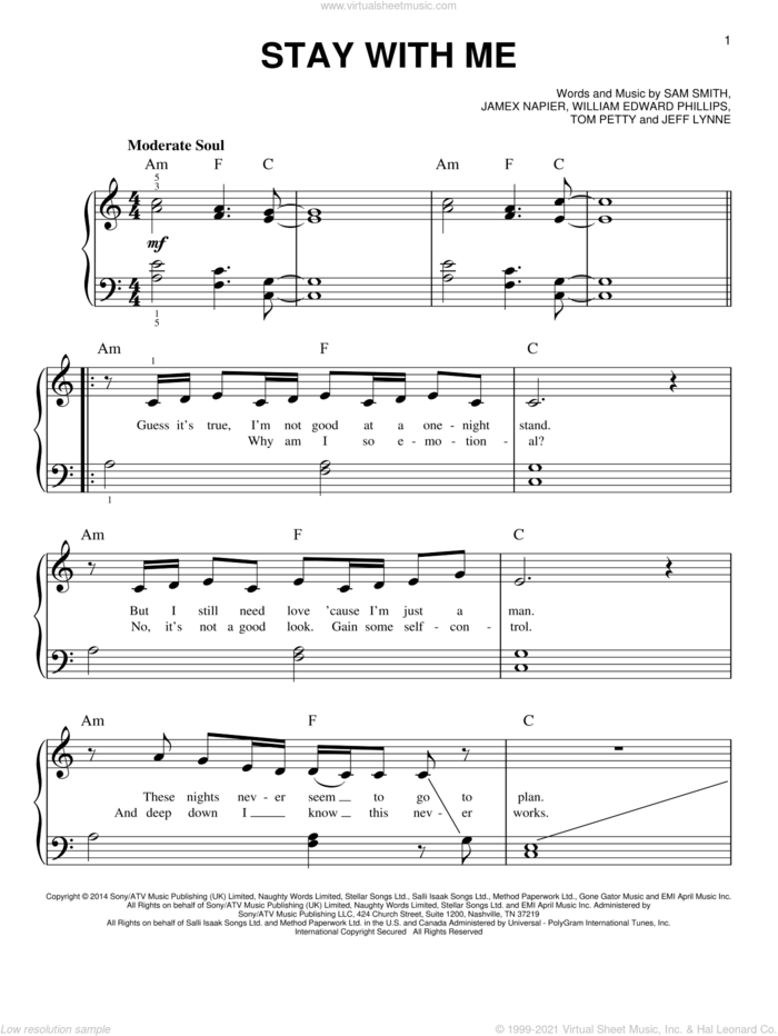 Stay With Me, (easy) sheet music for piano solo by Sam Smith, James Napier and William Edward Phillips, easy skill level