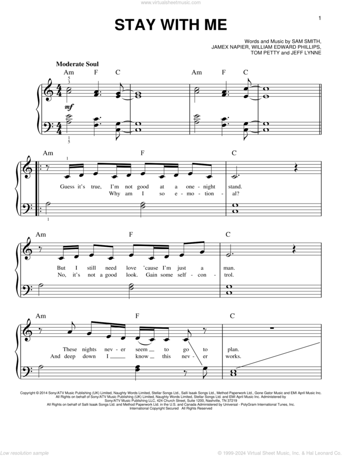 Stay With Me sheet music for piano solo by Sam Smith, James Napier and William Edward Phillips, easy skill level