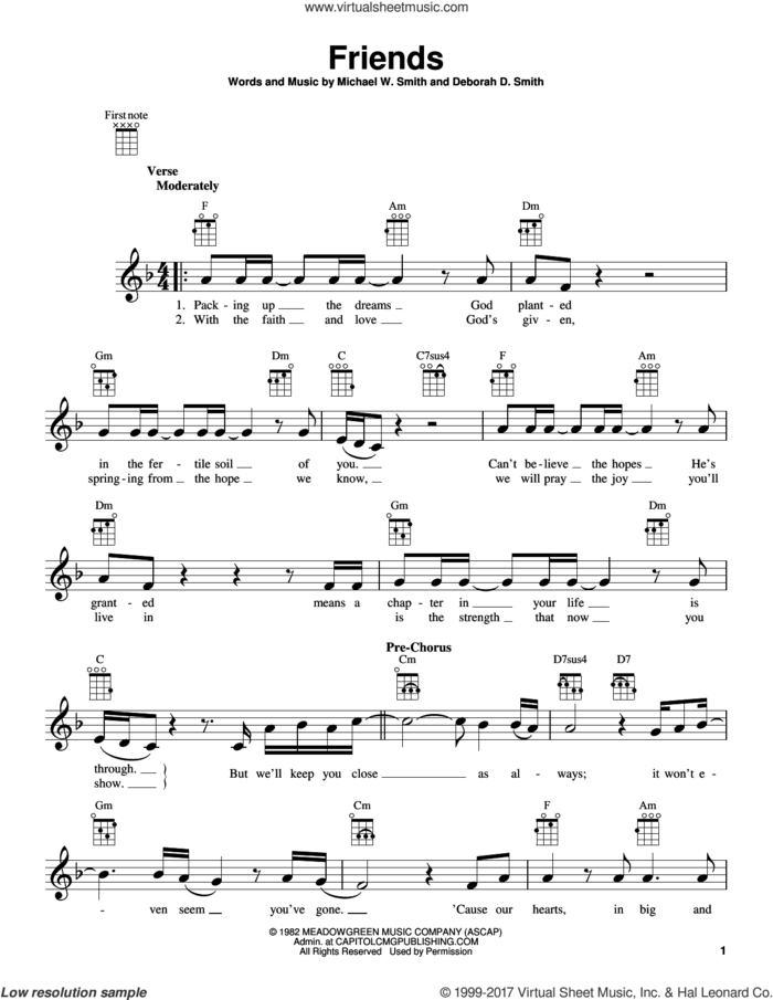 Friends sheet music for ukulele by Michael W. Smith and Deborah D. Smith, intermediate skill level