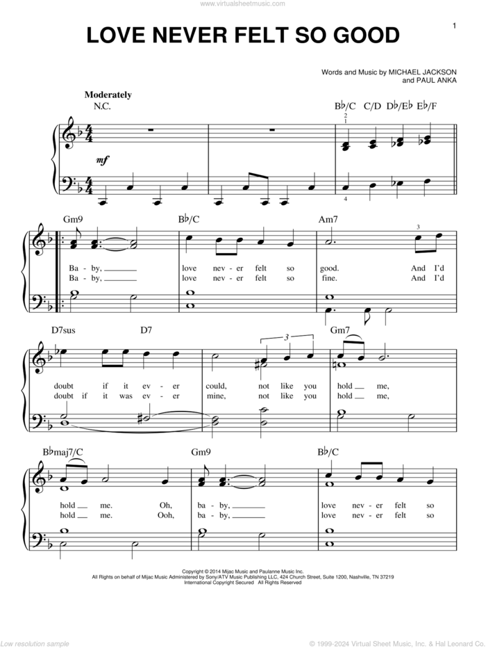 Love Never Felt So Good sheet music for piano solo by Michael Jackson & Justin Timberlake, Michael Jackson and Paul Anka, easy skill level