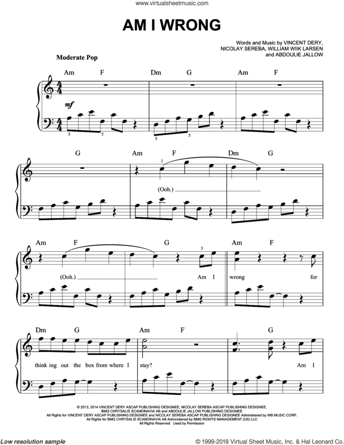 Am I Wrong sheet music for piano solo by Nico & Vinz, Abdoulie Jallow, Nicolay Sereba, Vincent Dery and William Larsen, easy skill level