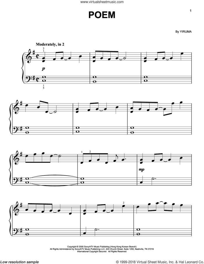 Poem, (easy) sheet music for piano solo by Yiruma, classical score, easy skill level